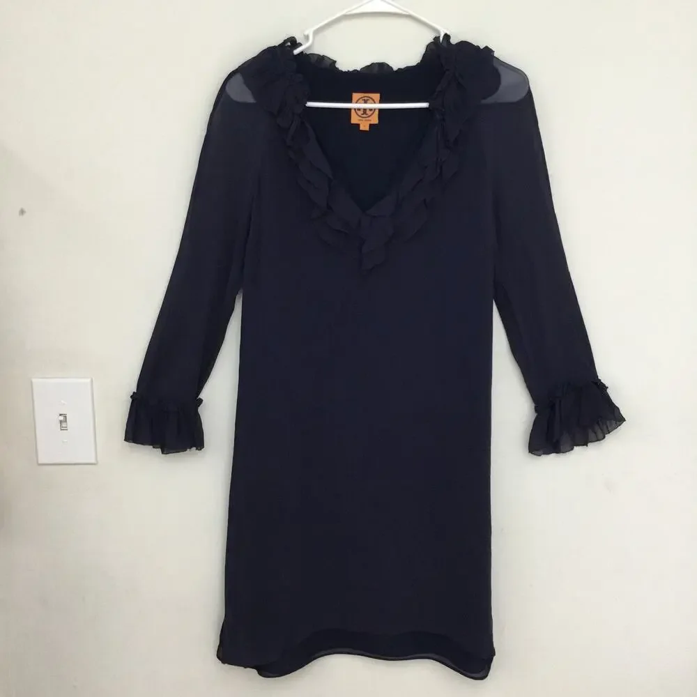TORY BURCH Long Sleeve Silk Ruffle V Neck Knee length Blue Dress Sz 4